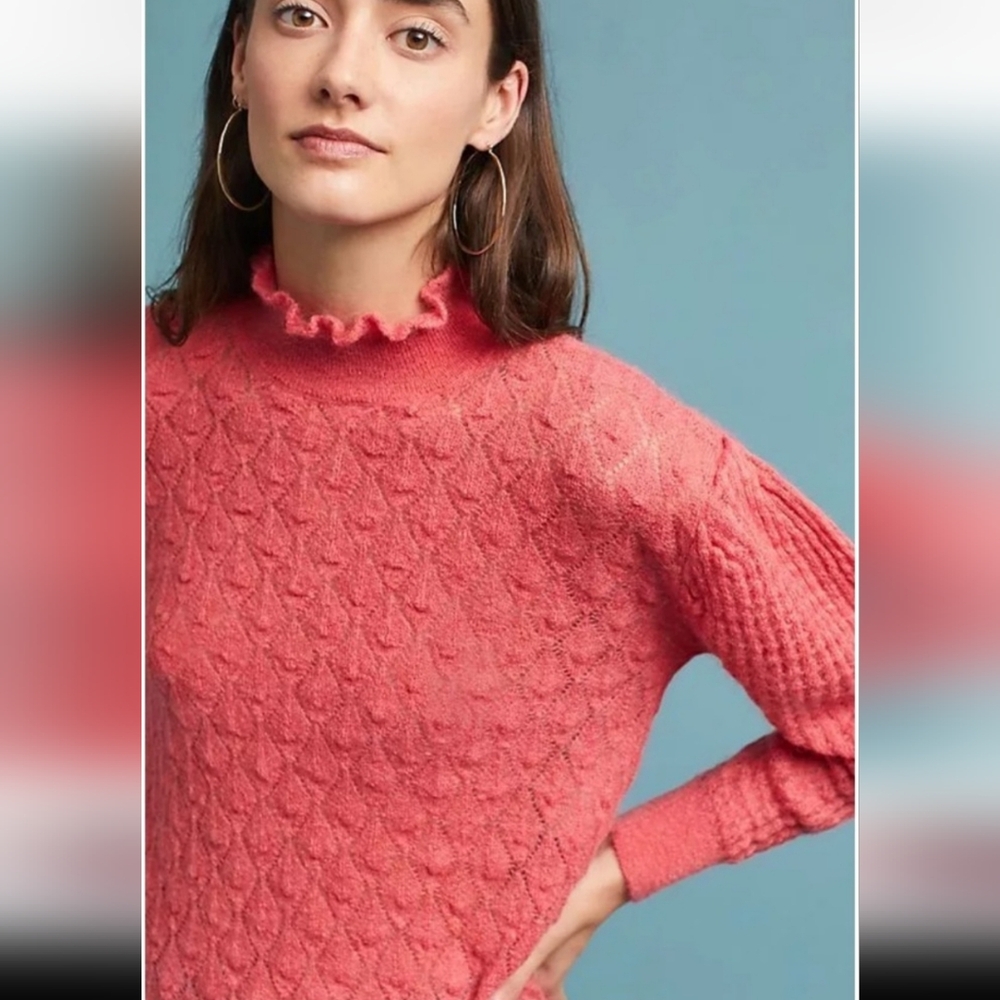 New! Anthropologie Knitted & Knotted Etoile Coral Sweater SMALL puff sleeve